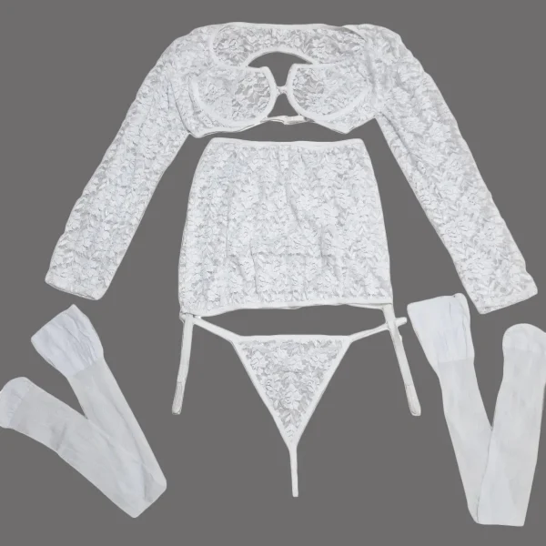 کاستوم یا لباس خواب عروس چهار تکه با سوتین فنردار Valentine کد 057